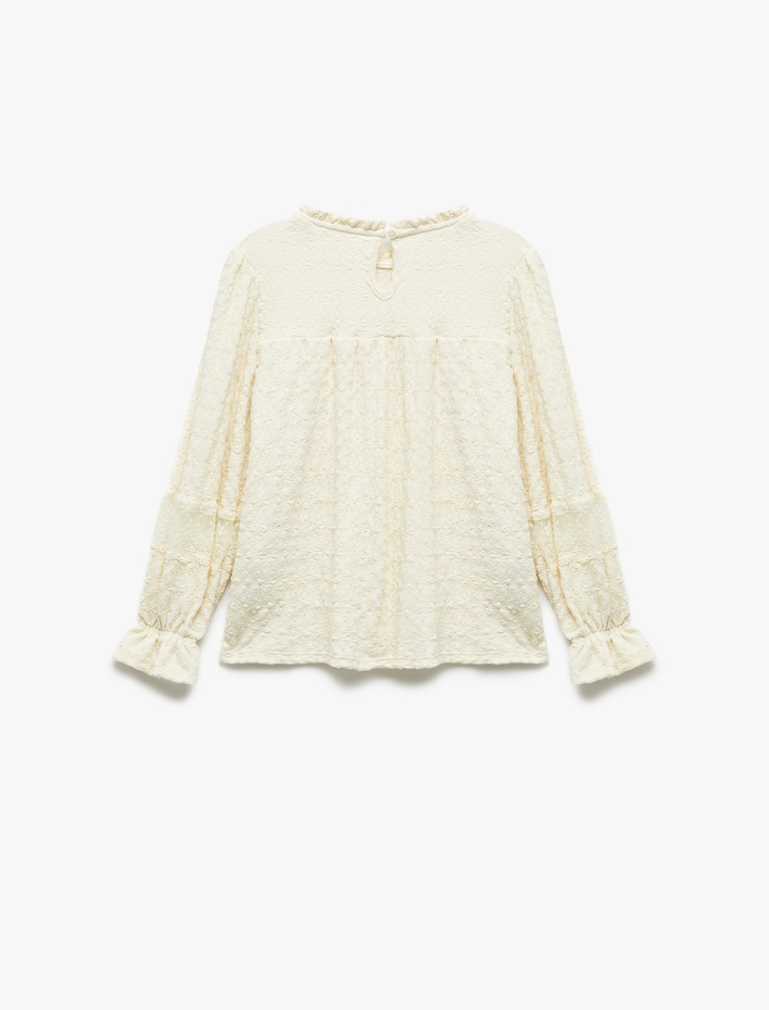 Kız Çocuk Yuvarlak Yaka Fırfırlı Uzun Kollu Dantel Detaylı Bluz