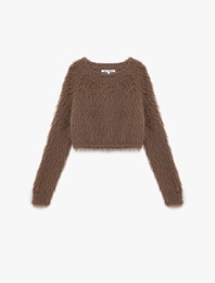 Bisiklet Yaka Uzun Kollu Peluş Crop Kazak
