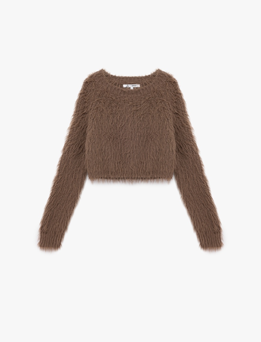   Bisiklet Yaka Uzun Kollu Peluş Crop Kazak