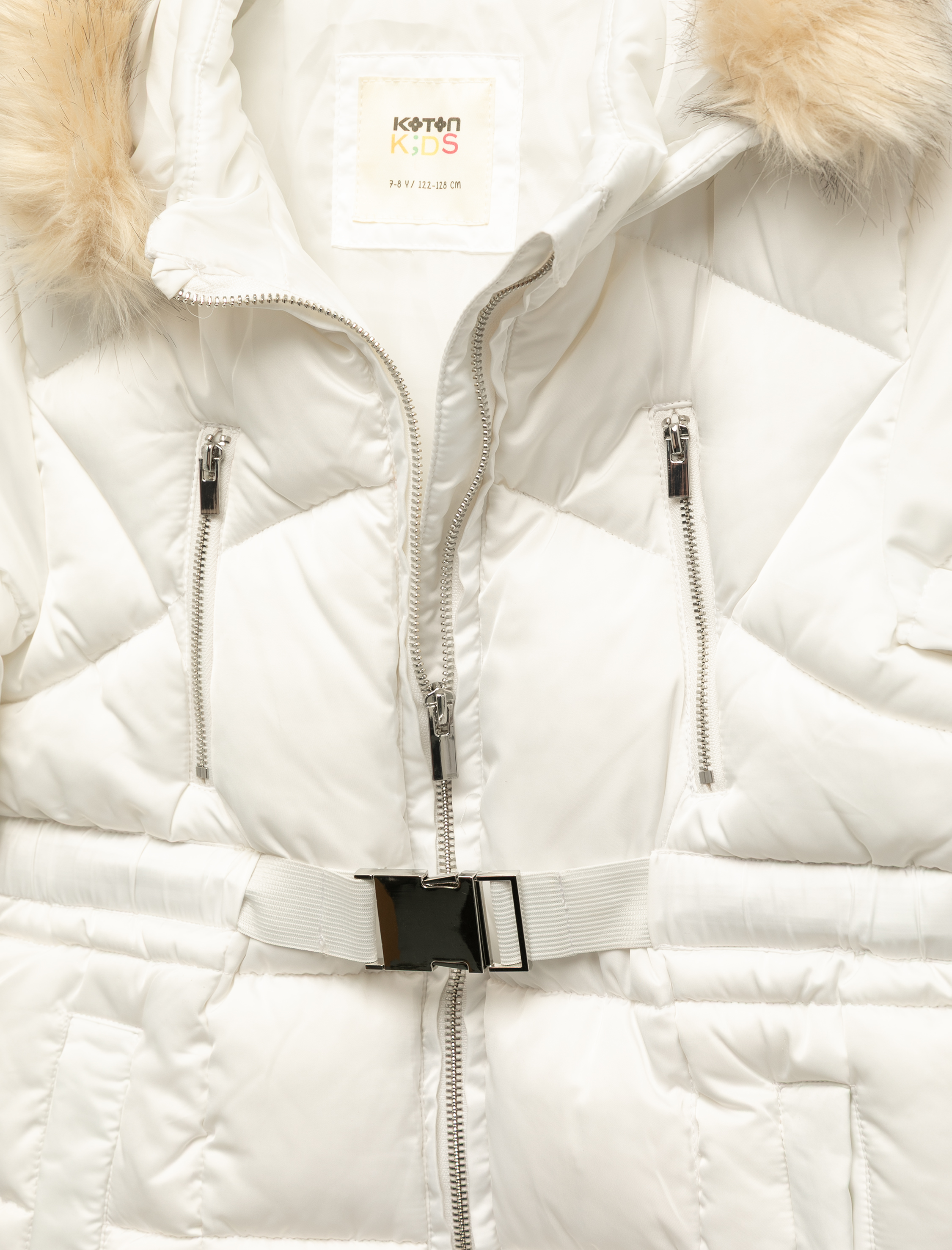  Kız Çocuk Uzun Kollu Suni Kürk Detaylı Kemerli Kapşonlu Kaban