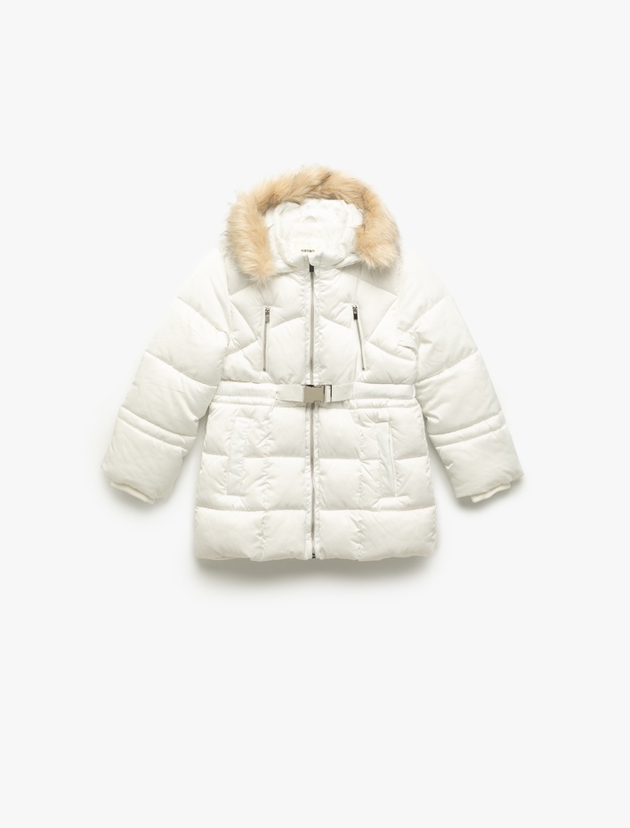 Kız Çocuk Uzun Kollu Suni Kürk Detaylı Kemerli Kapşonlu Kaban