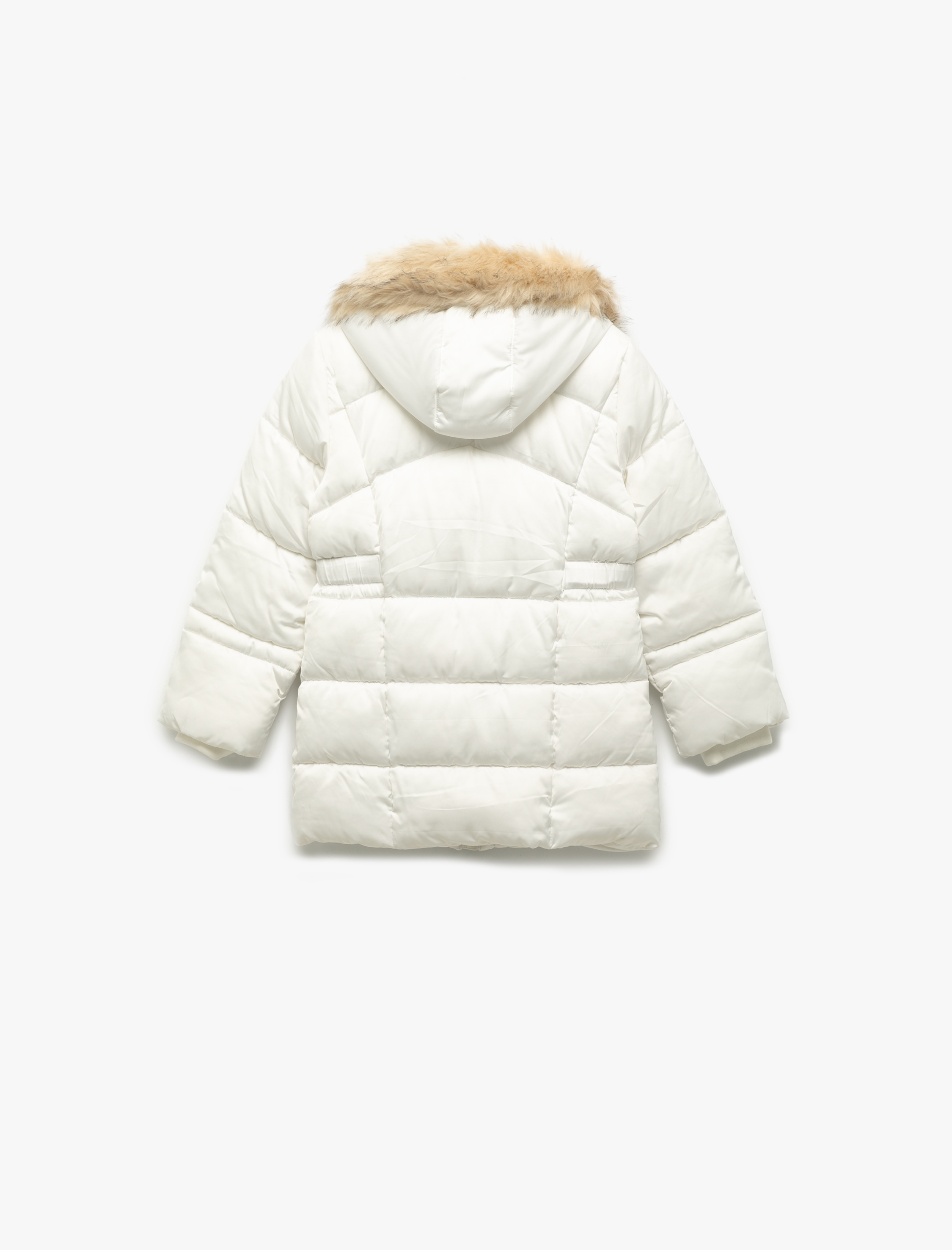  Kız Çocuk Uzun Kollu Suni Kürk Detaylı Kemerli Kapşonlu Kaban