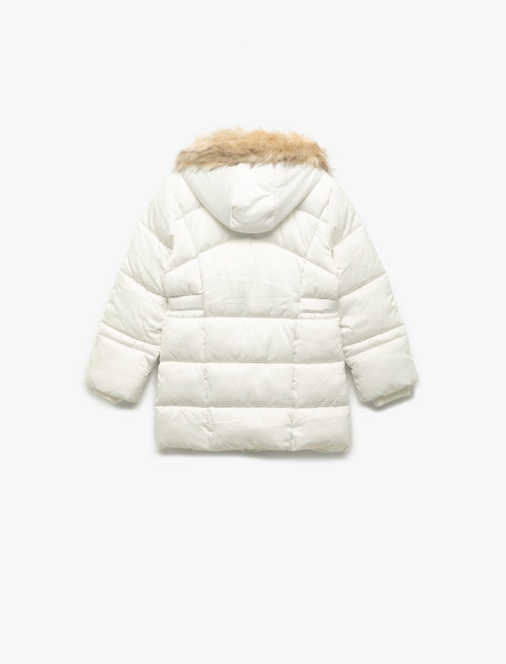 Kız Çocuk Uzun Kollu Suni Kürk Detaylı Kemerli Kapşonlu Kaban