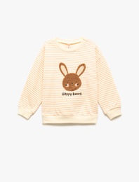 Uzun Kollu Bisiklet Yaka Şardonlu Pamuklu Çizgili Sweatshirt