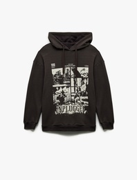 Şardonlu Uzun Kollu Kapüşonlu Baskılı Oversize Sweatshirt