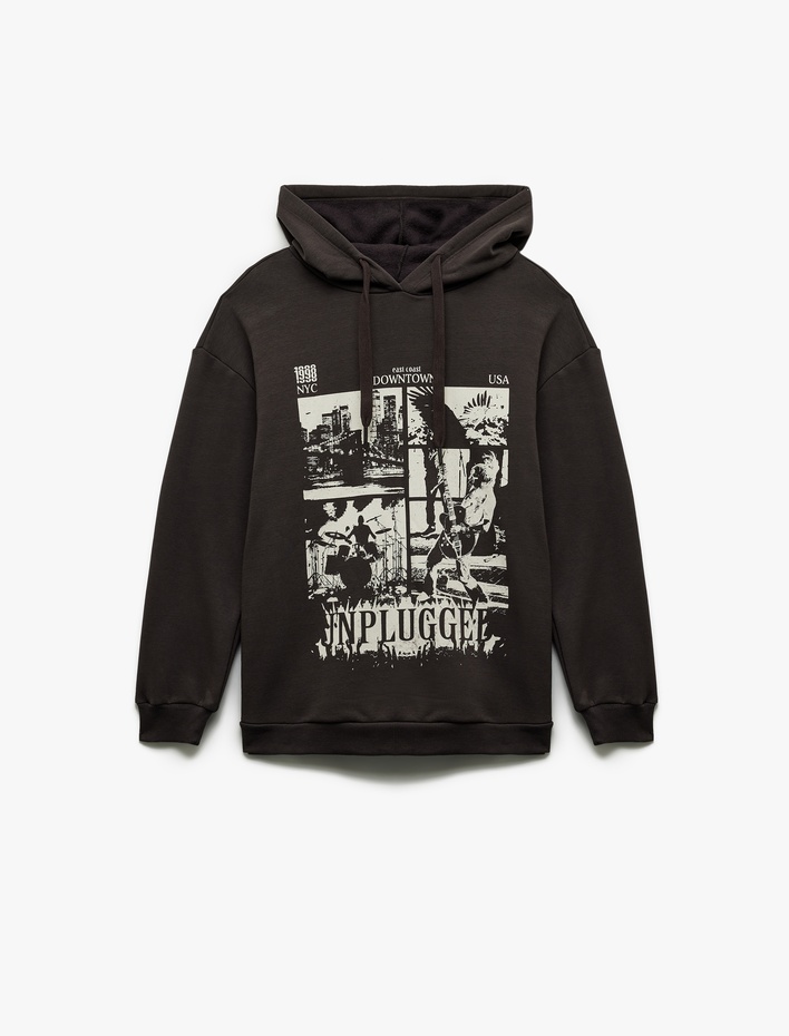  Şardonlu Uzun Kollu Kapüşonlu Baskılı Oversize Sweatshirt
