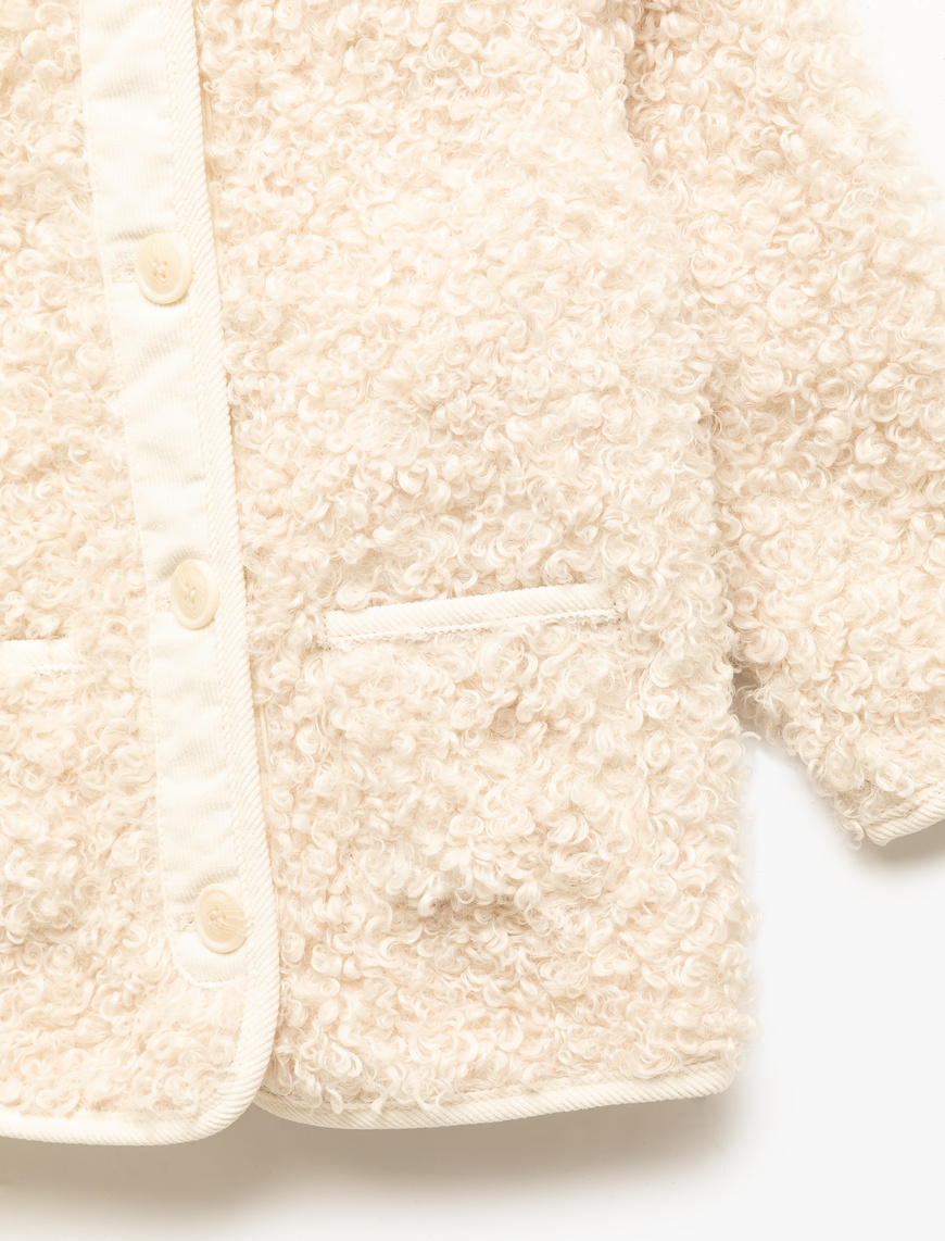  Kız Bebek Uzun Kollu Cep Detaylı Kapşonlu Peluş Mont