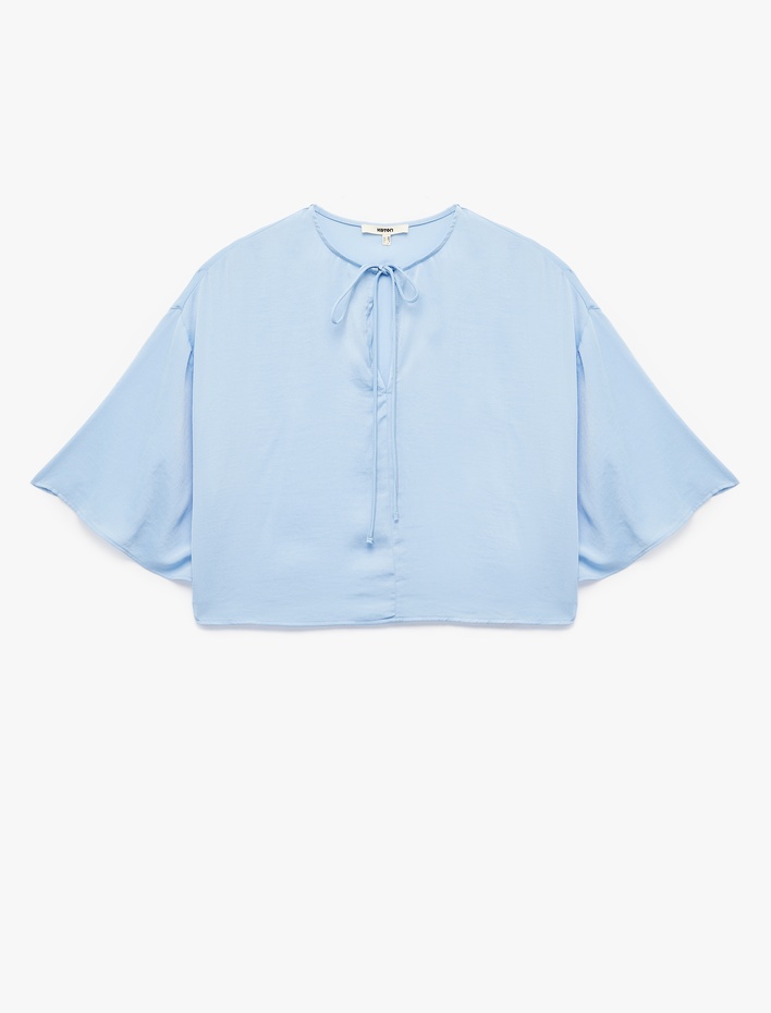  Yuvarlak Bağlamalı Yaka 3/4 Yarasa Kol Oversize Bluz