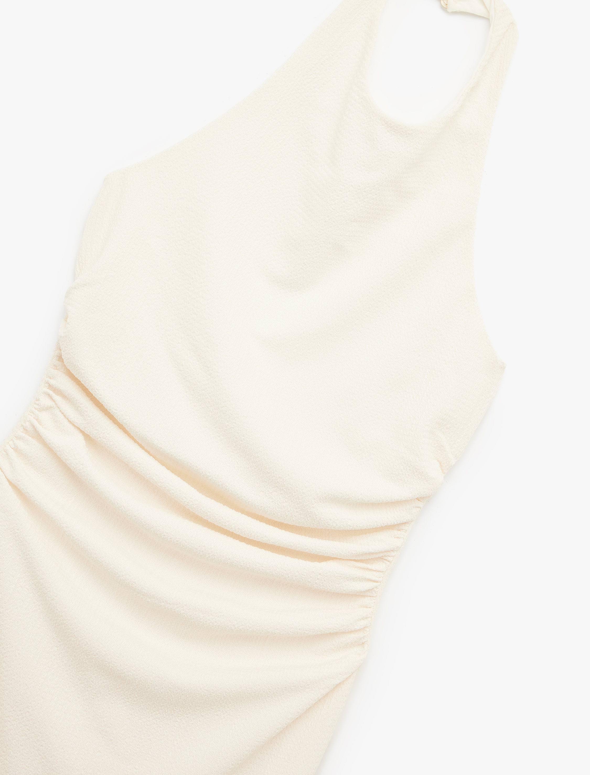   Bürümcük Kumaş Drape Detaylı Sırt Dekolteli Midi Boy Halter Yaka Elbise