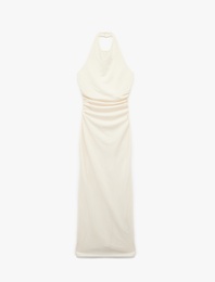 Bürümcük Kumaş Drape Detaylı Sırt Dekolteli Midi Boy Halter Yaka Elbise