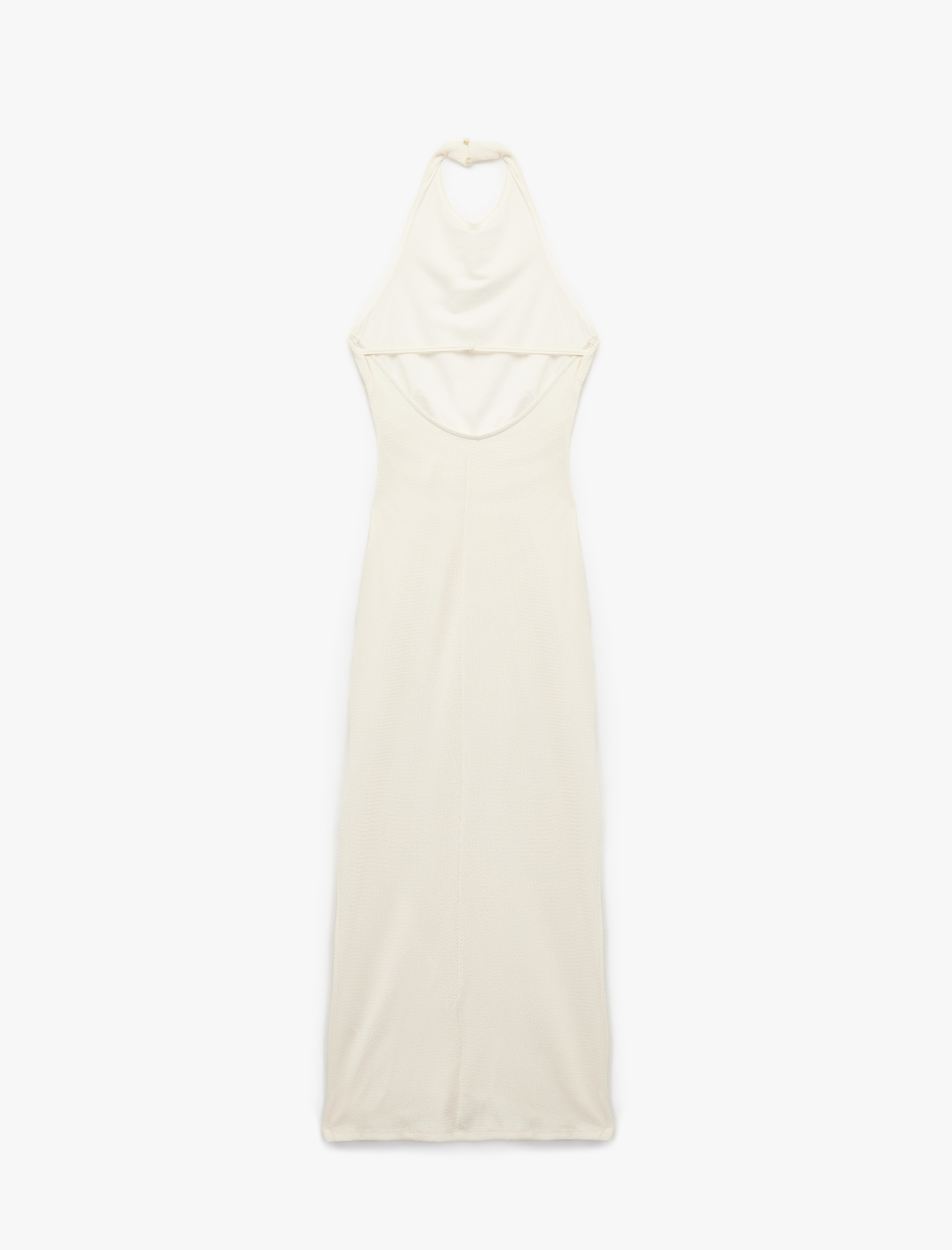   Bürümcük Kumaş Drape Detaylı Sırt Dekolteli Midi Boy Halter Yaka Elbise