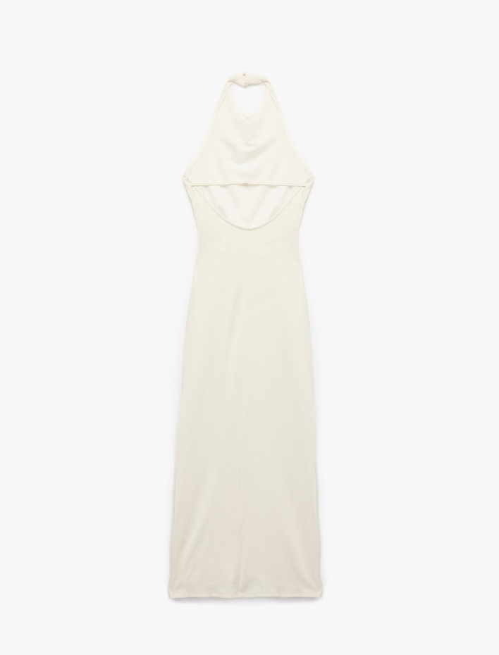  Bürümcük Kumaş Drape Detaylı Sırt Dekolteli Midi Boy Halter Yaka Elbise