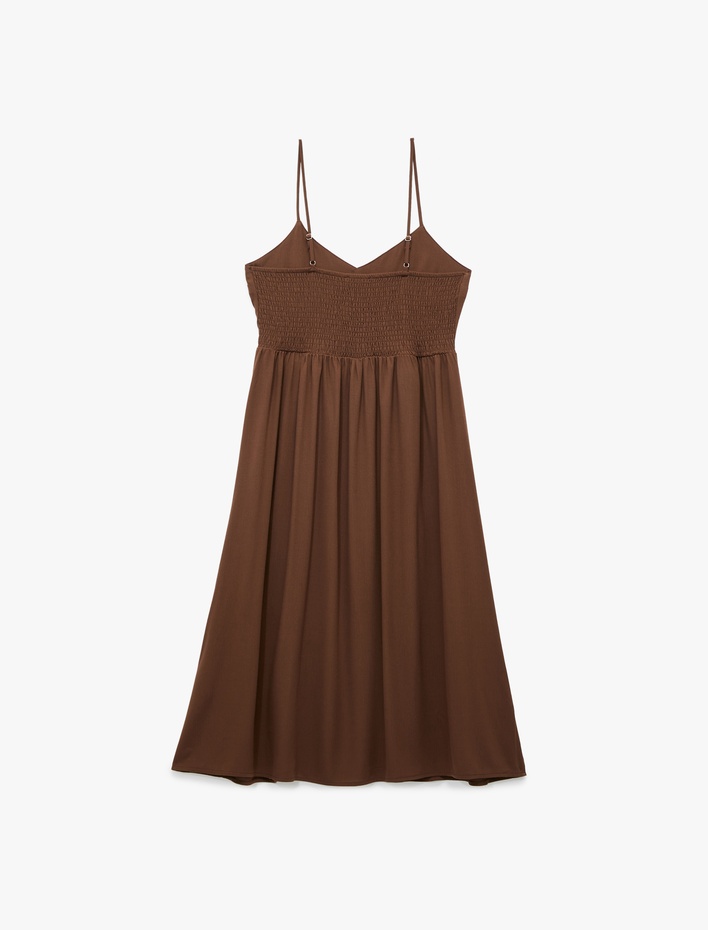  İp Askılı Düğmeli V Yaka Viskon Midi Elbise