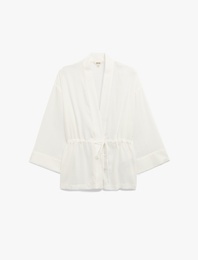 Mandarin Yaka Beli Bağcıklı 3/4 Geniş Kollu Kimono