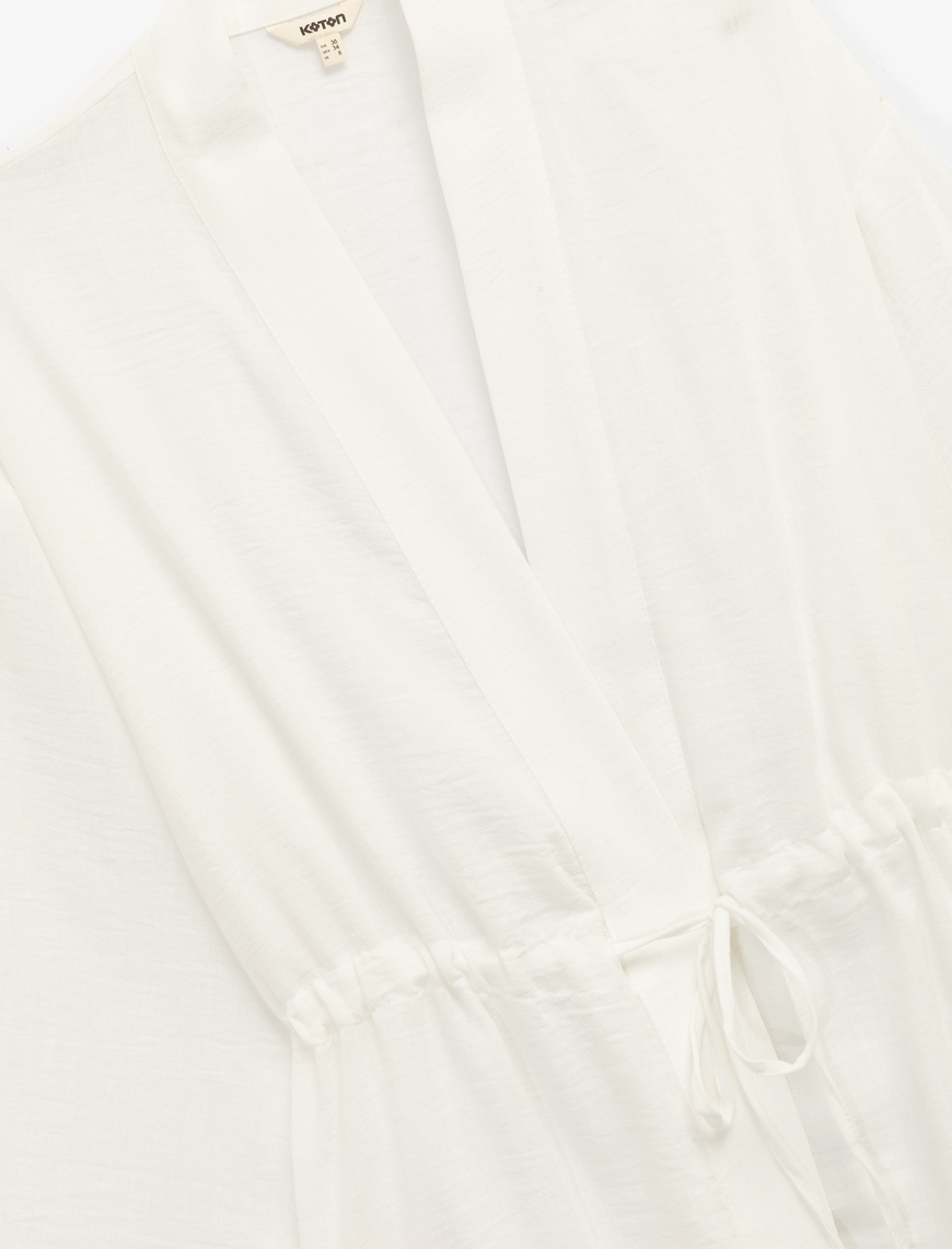   Mandarin Yaka Beli Bağcıklı 3/4 Geniş Kollu Kimono