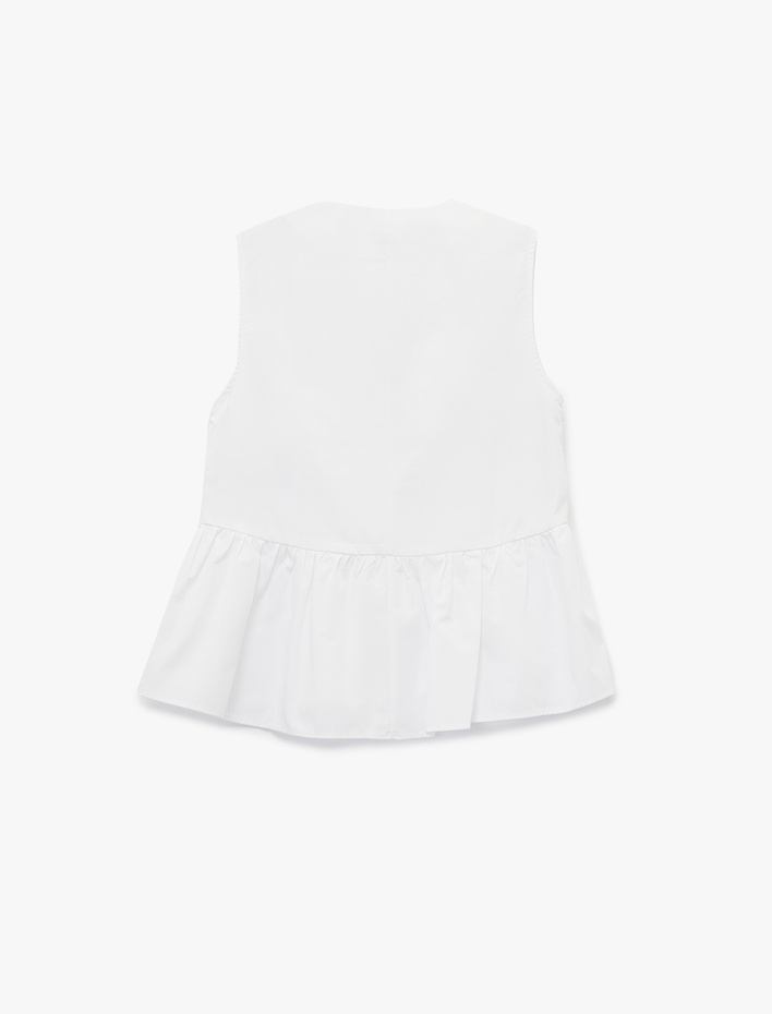  Pamuklu V Yaka Peplum Düğme Detaylı Kolsuz Poplin Bluz