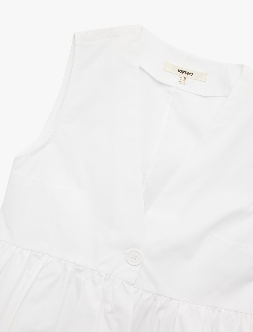   Pamuklu V Yaka Peplum Düğme Detaylı Kolsuz Poplin Bluz