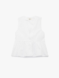 Pamuklu V Yaka Peplum Düğme Detaylı Kolsuz Poplin Bluz