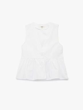 Pamuklu V Yaka Peplum Düğme Detaylı Kolsuz Poplin Bluz