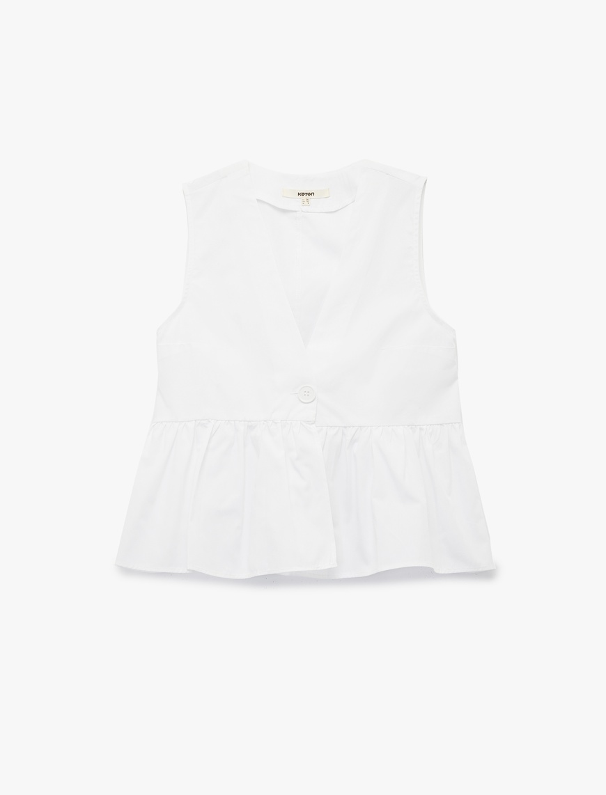   Pamuklu V Yaka Peplum Düğme Detaylı Kolsuz Poplin Bluz