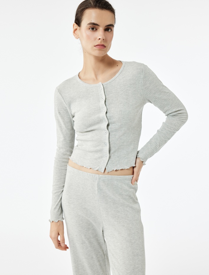  Uzun Kollu Düğmeli Bisiklet Yaka Örme Dokulu Pijama Üstü