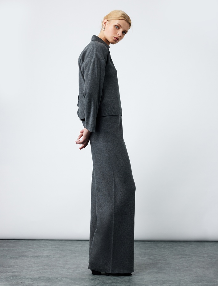  Beli Lastikli Rahat Kalıp Uzun Geniş Paça Triko Pantolon