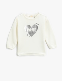 Ribbanalı Sweatshirt Parlak Kalp Baskılı Bisiklet Yaka