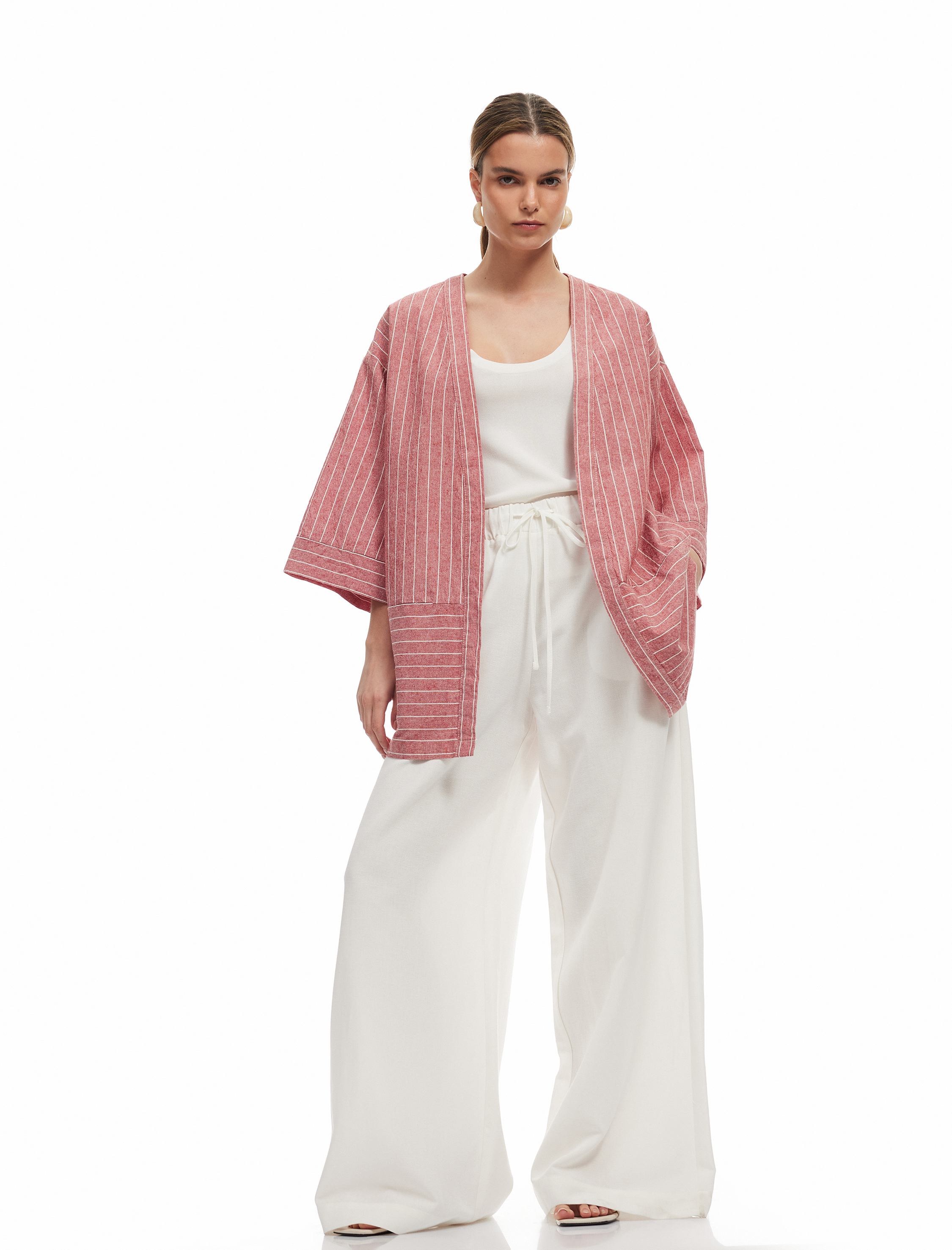   Rahat Kalıp Geniş Kollu Keten Karışımlı Çizgili Kimono