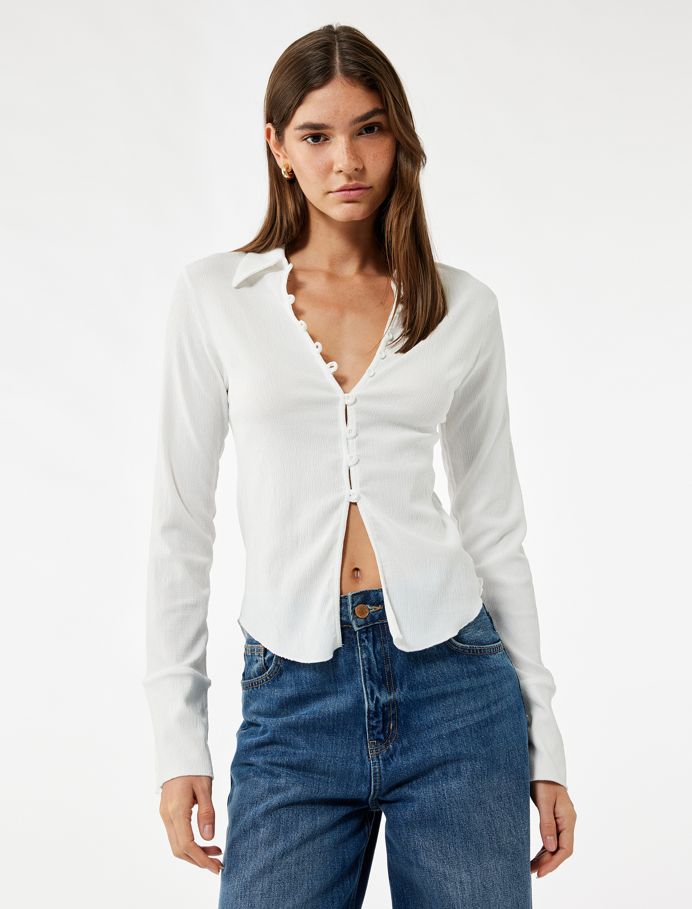   Bürümcük Kumaş Uzun Kollu Drapeli Slim Fit Gömlek