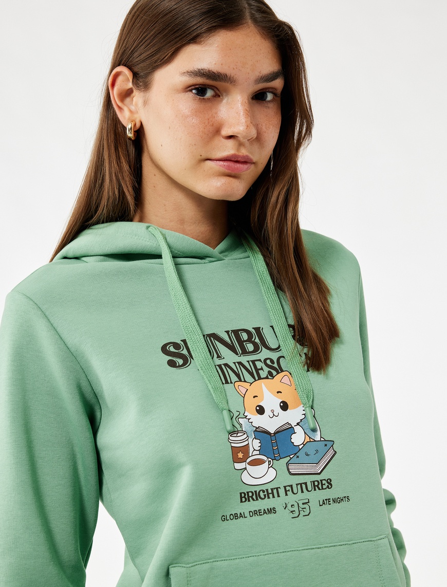   Kanguru Cep Detaylı Şardonlu Kedi Baskılı Kapüşonlu Sweatshirt