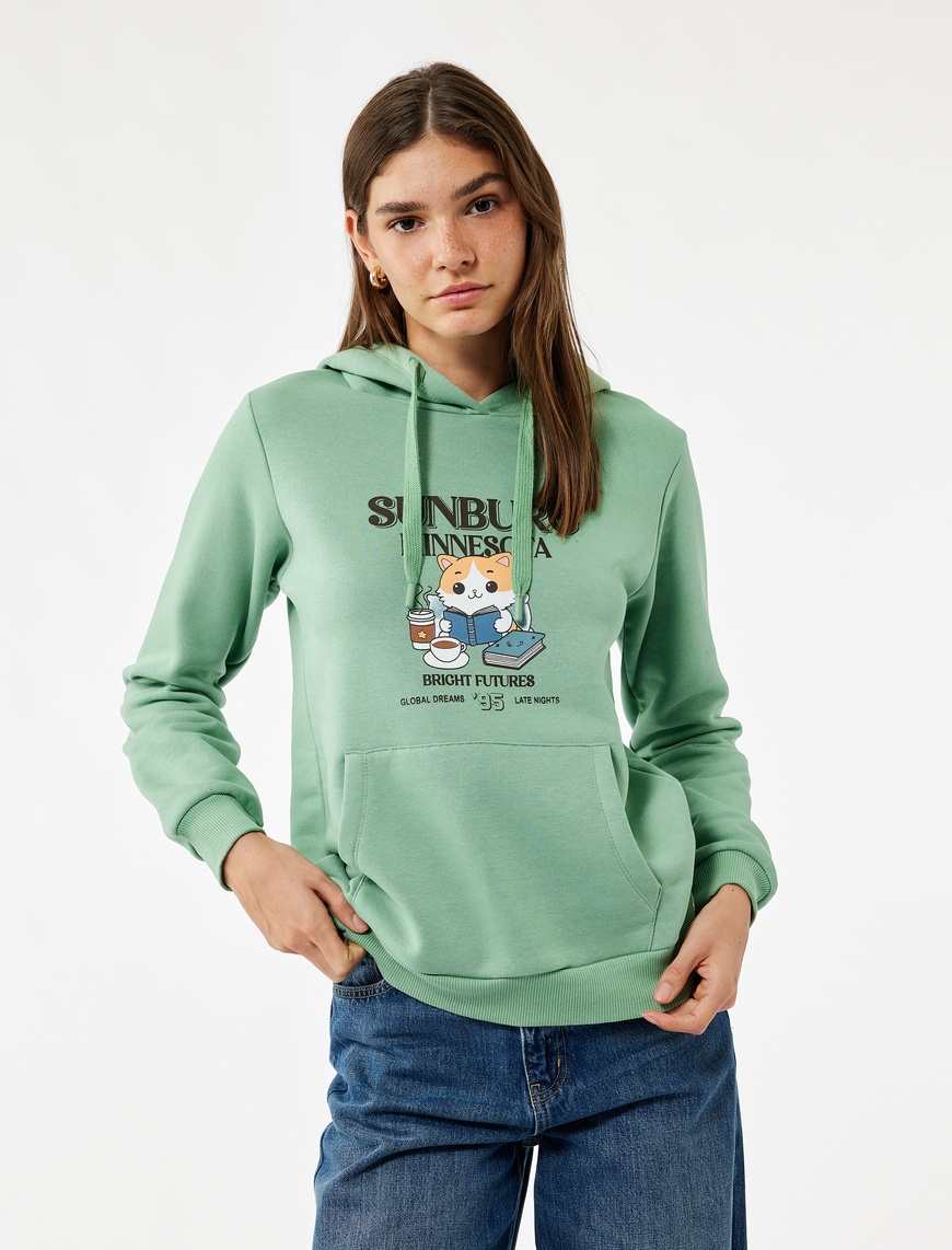   Kanguru Cep Detaylı Şardonlu Kedi Baskılı Kapüşonlu Sweatshirt