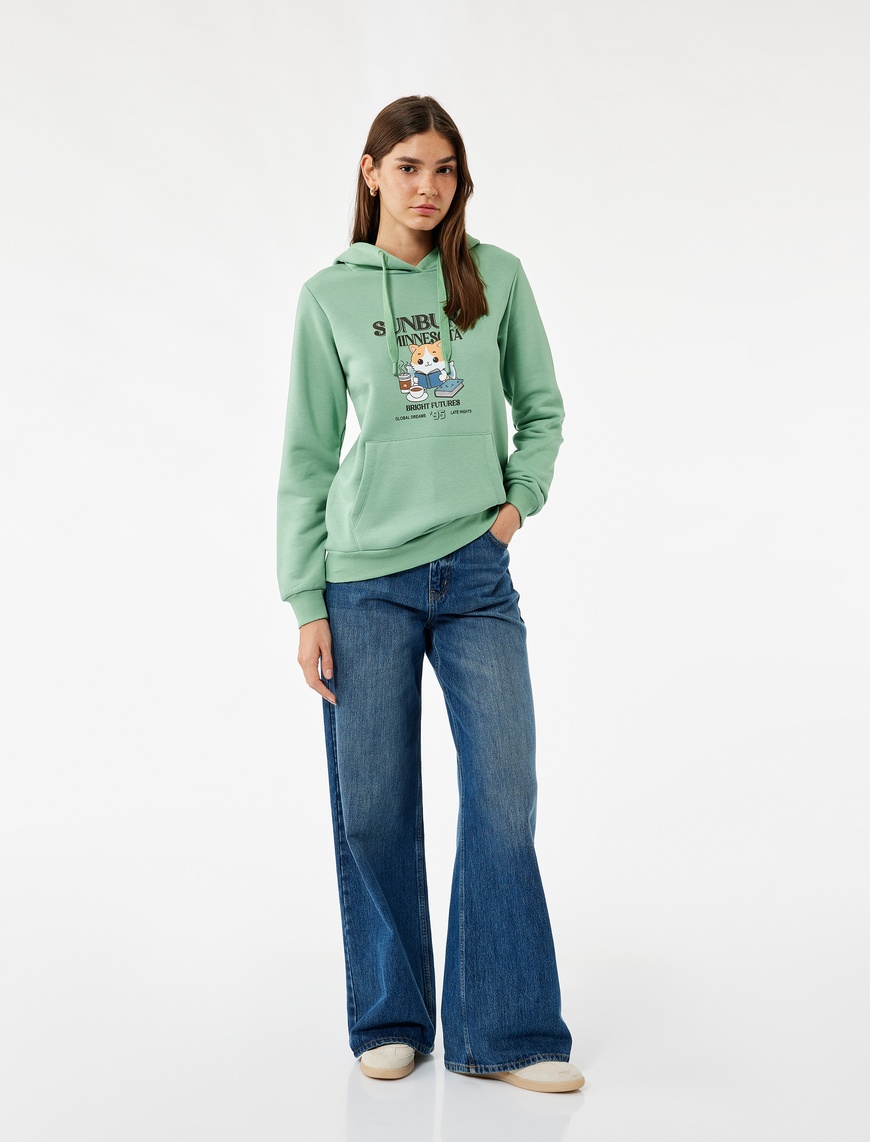   Kanguru Cep Detaylı Şardonlu Kedi Baskılı Kapüşonlu Sweatshirt