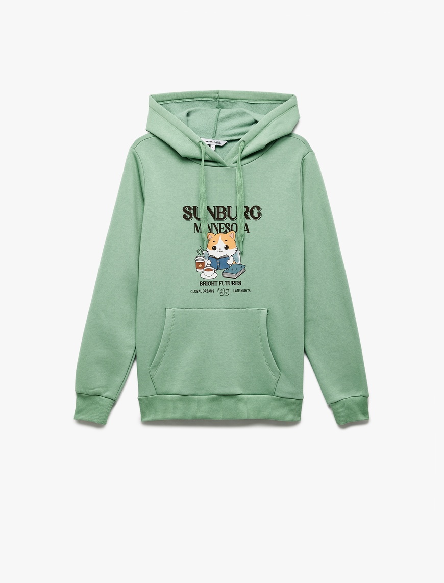   Kanguru Cep Detaylı Şardonlu Kedi Baskılı Kapüşonlu Sweatshirt