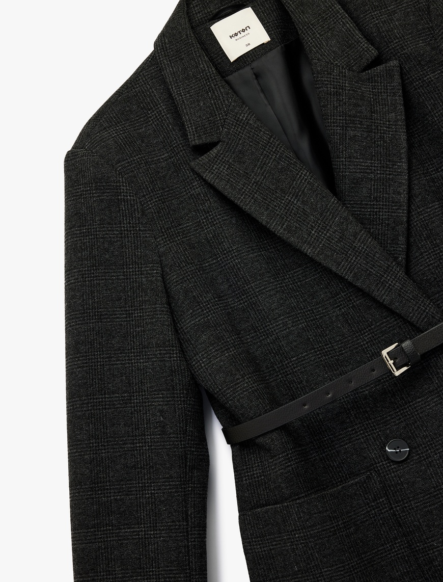   Uzun Kollu Cepli Kruvaze Kemerli Ekose Blazer Ceket