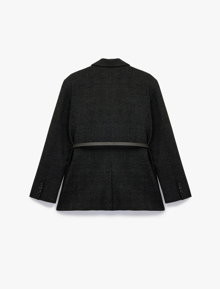   Uzun Kollu Cepli Kruvaze Kemerli Ekose Blazer Ceket
