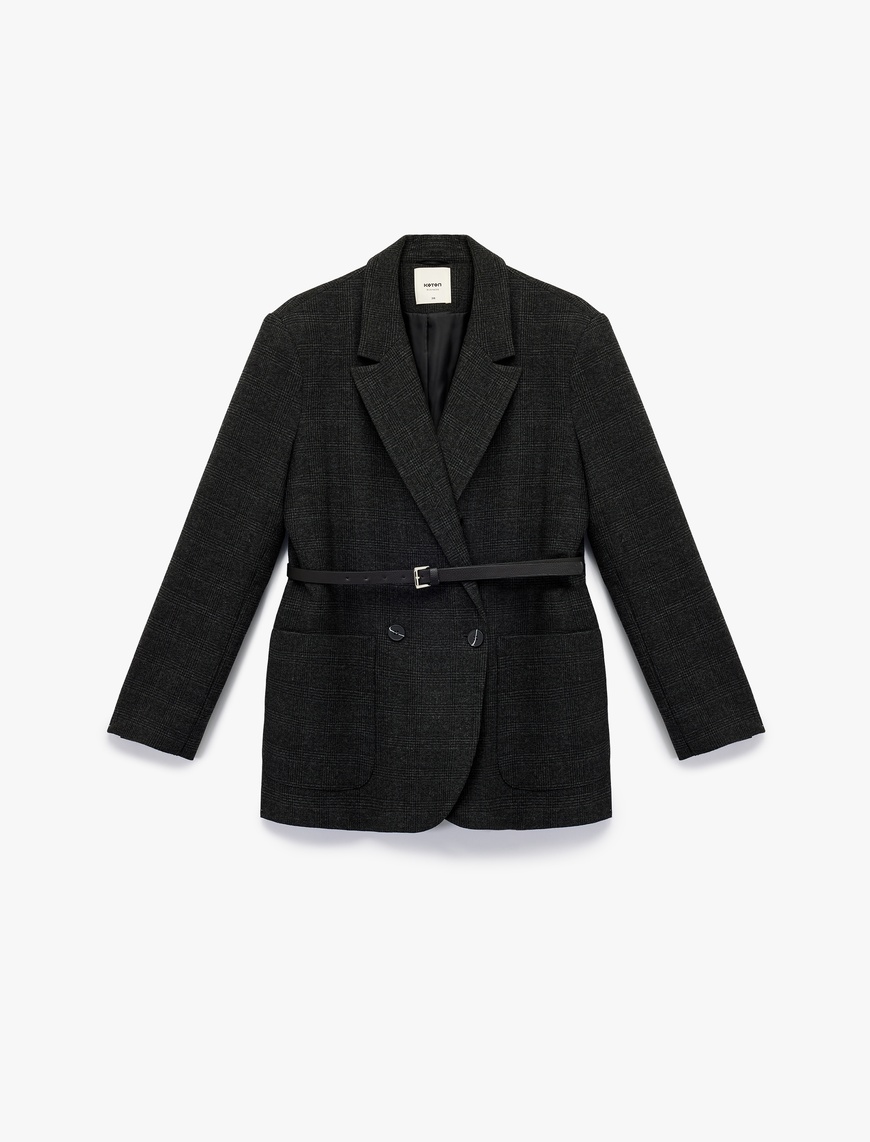   Uzun Kollu Cepli Kruvaze Kemerli Ekose Blazer Ceket