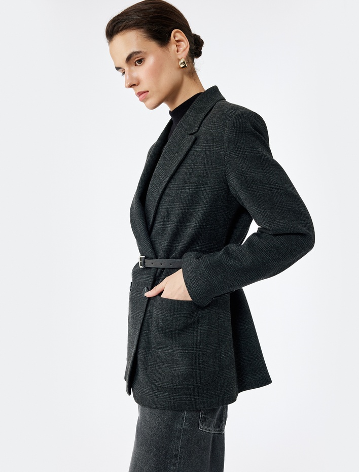  Uzun Kollu Cepli Kruvaze Kemerli Ekose Blazer Ceket