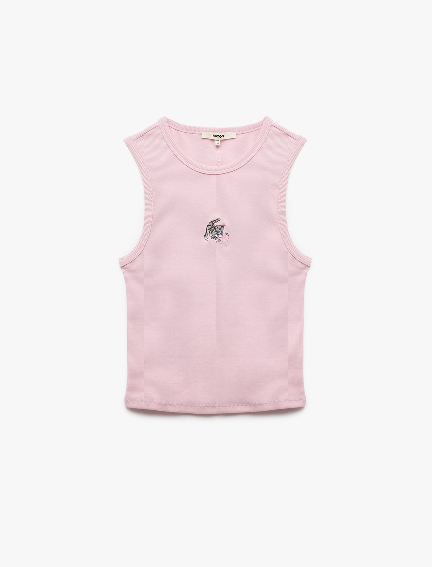   Slim Fit Pamuklu Kedi Nakış Detaylı Bisiklet Yaka Atlet