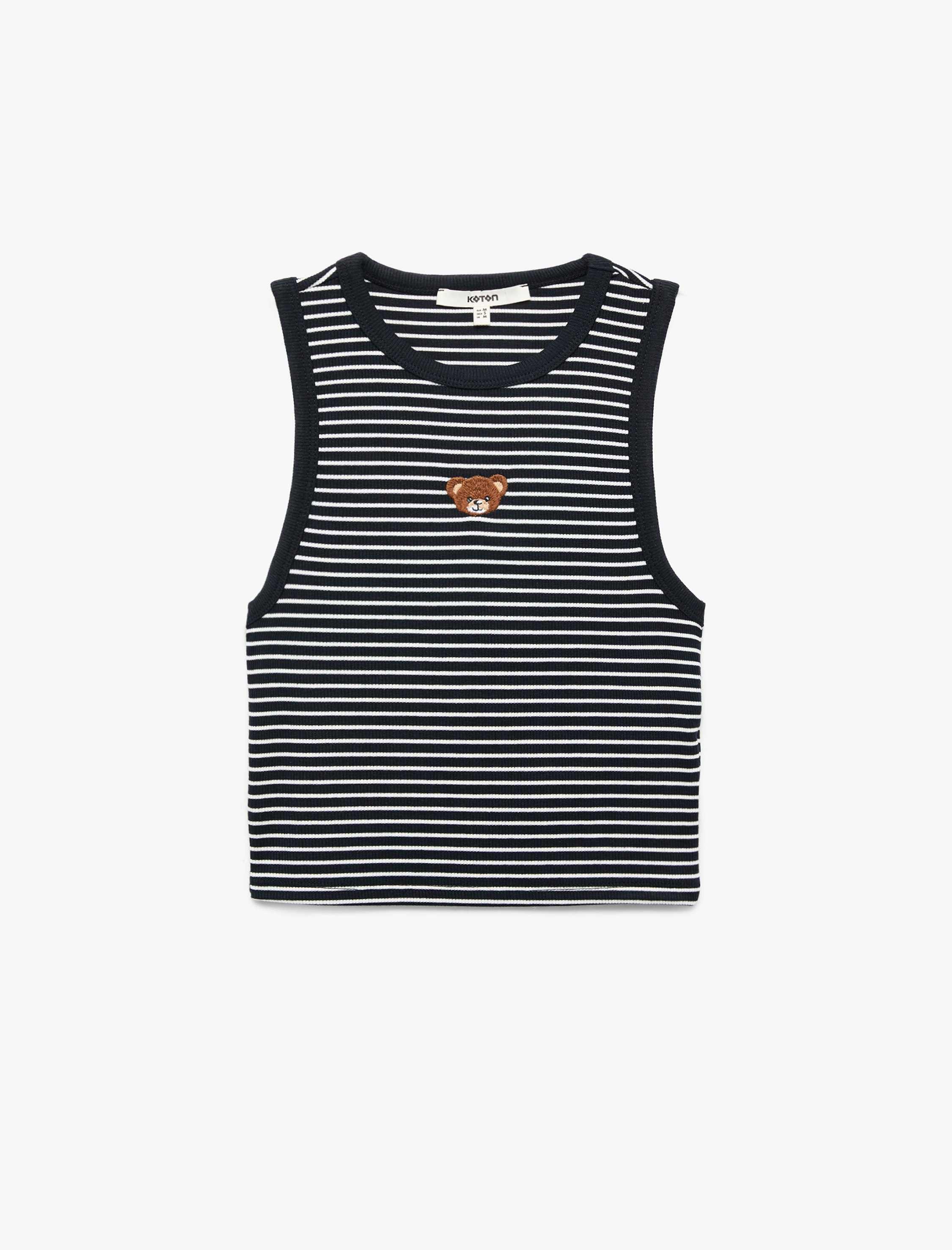   Slim Fit Bisiklet Yaka Ayıcık Nakış Detaylı Çizgili Crop Atlet