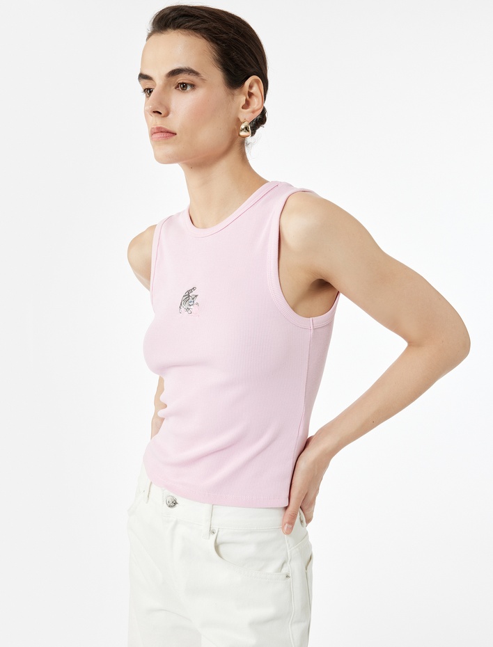  Slim Fit Pamuklu Kedi Nakış Detaylı Bisiklet Yaka Atlet