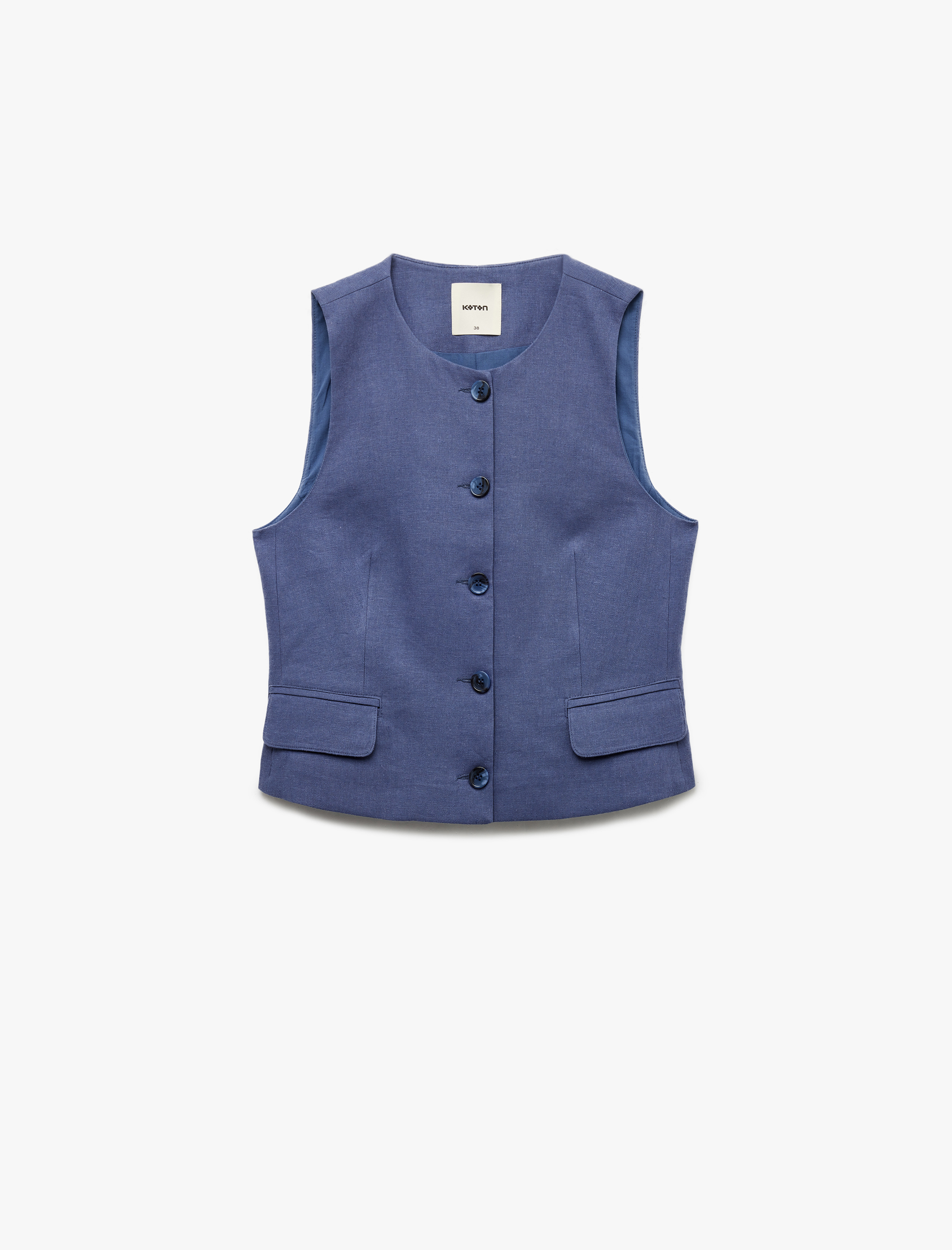   Aplike Detaylı Düğmeli Bisiklet Yaka Keten Yelek