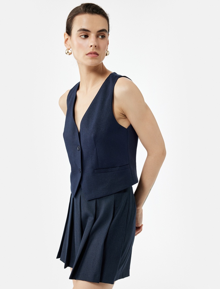  Düğmeli V Yaka Keten Yelek