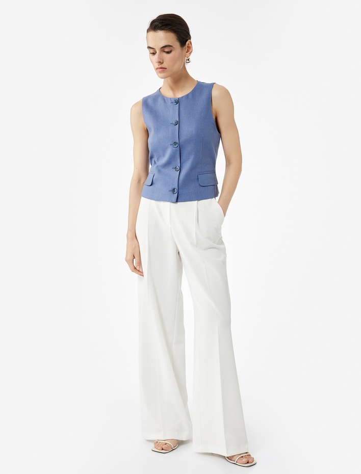  Aplike Detaylı Düğmeli Bisiklet Yaka Keten Yelek