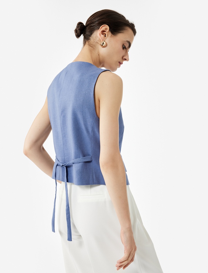  Aplike Detaylı Düğmeli Bisiklet Yaka Keten Yelek