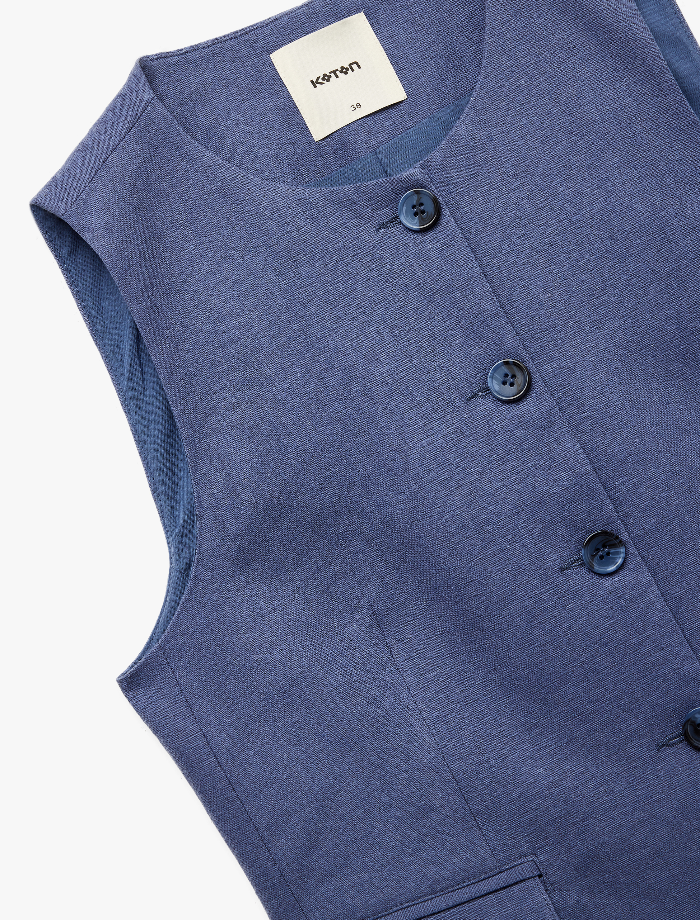   Aplike Detaylı Düğmeli Bisiklet Yaka Keten Yelek