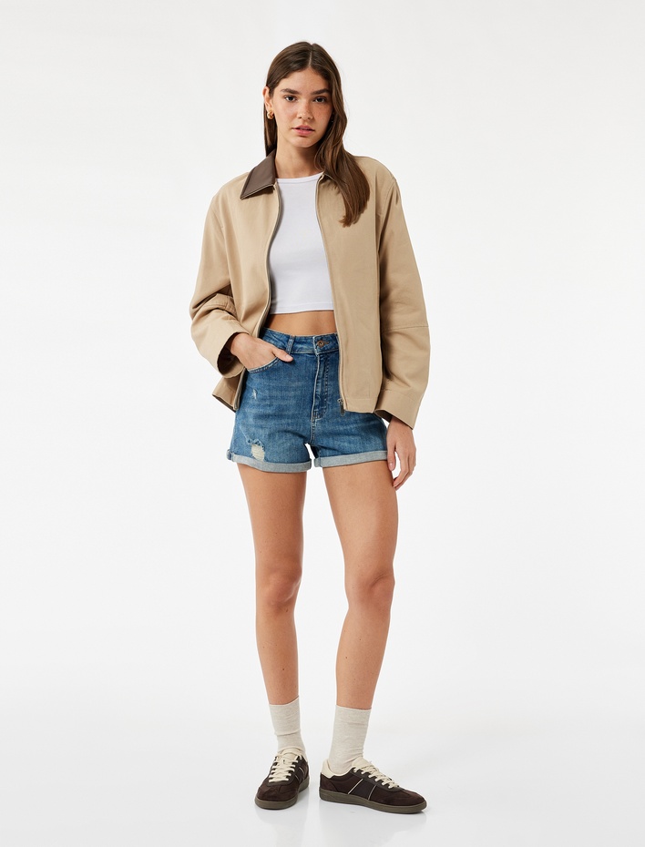  Normal Bel Cepli Pamuklu Denim Şort