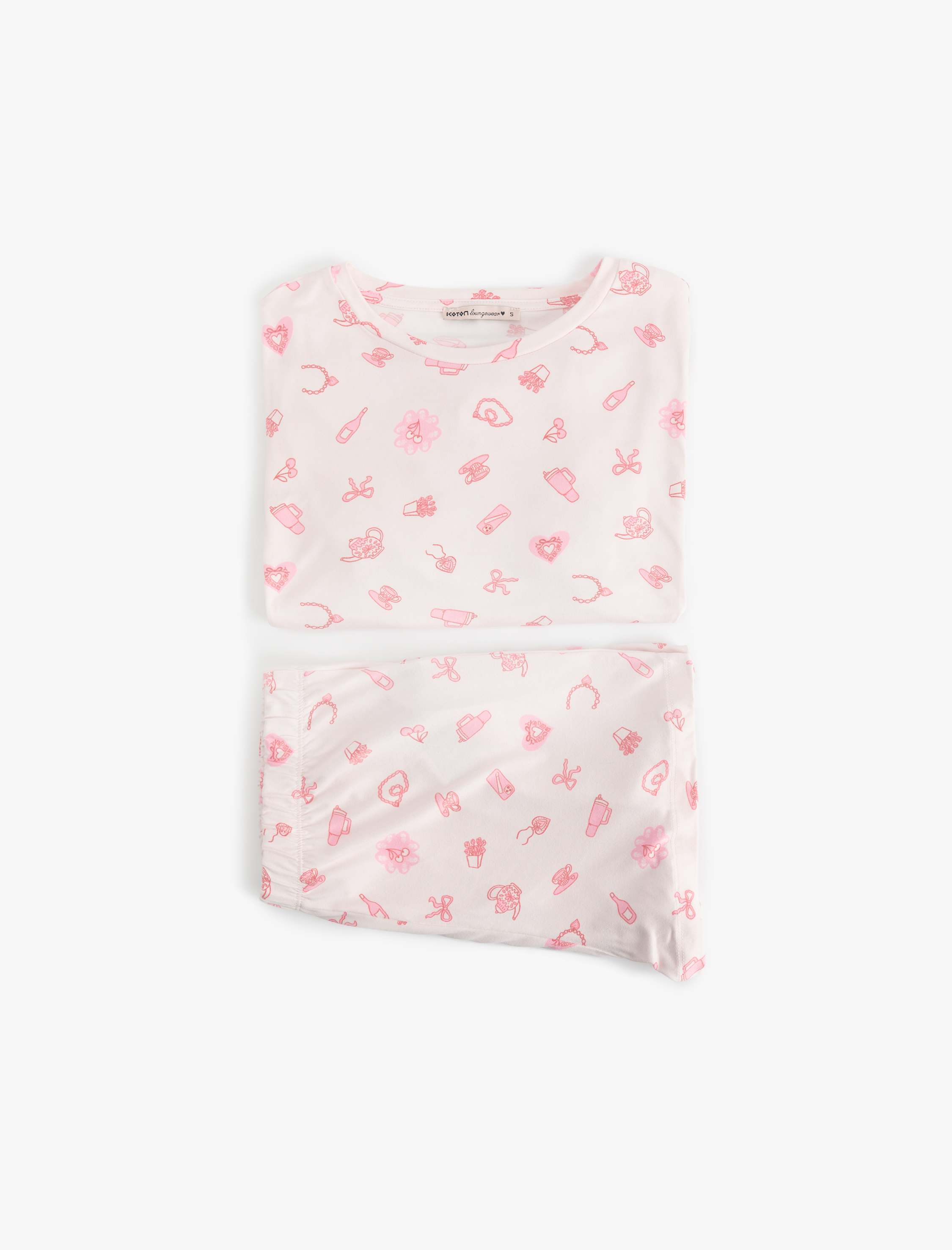   Kısa Kollu Bisiklet Yaka Baskılı Rahat Kalıp Şortlu Pijama Takımı