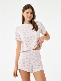 Kısa Kollu Bisiklet Yaka Baskılı Rahat Kalıp Şortlu Pijama Takımı
