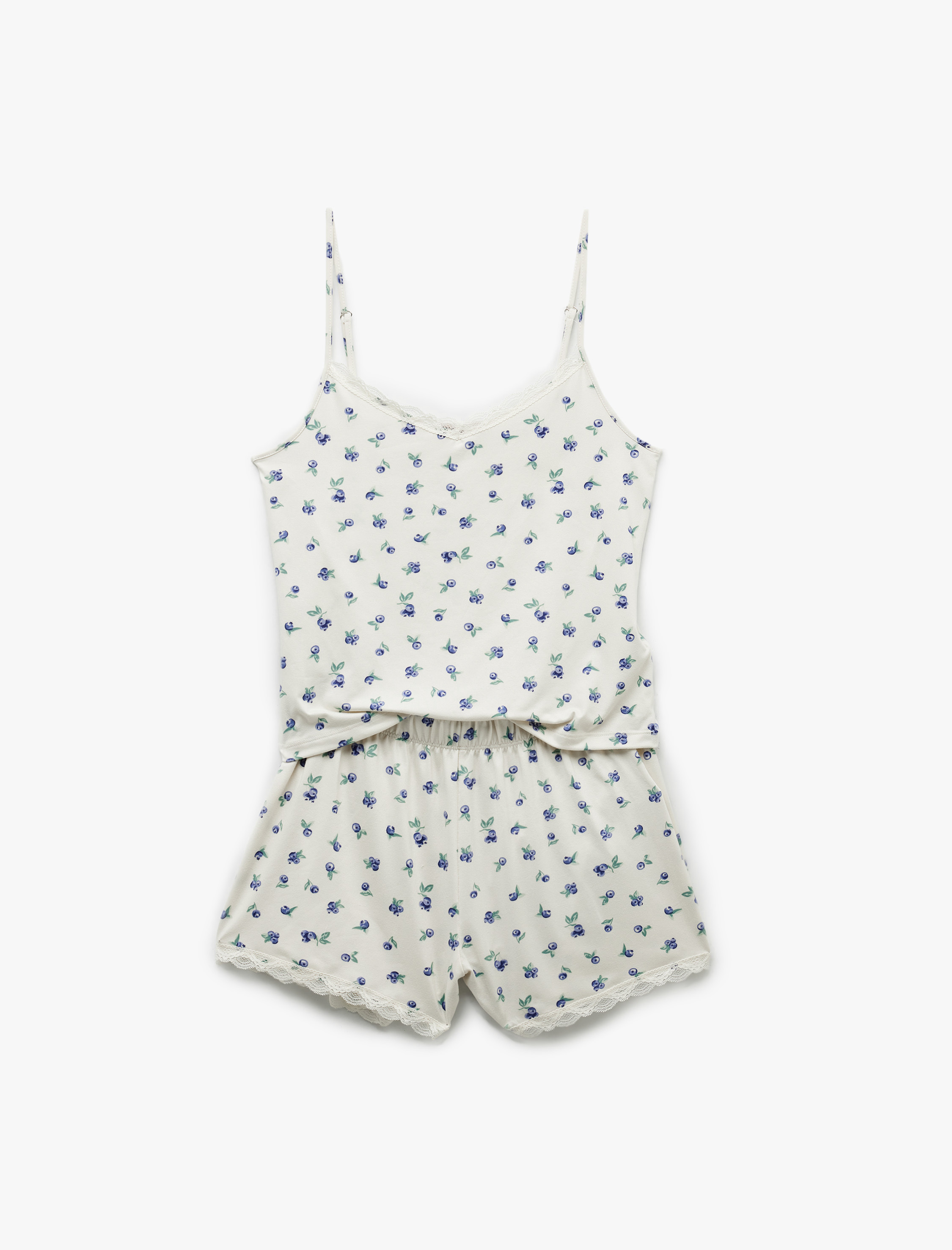   Dantel Detaylı Yaban Mersini Baskılı Askılı Şortlu Pijama Takımı