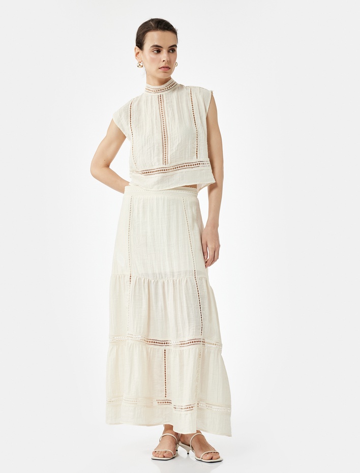  Koton X Melis Ağazat -  Fistolu Brodeli Katlı Midi Çan Etek